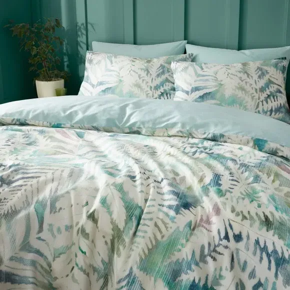 Duvet Cover Set with Fern Print - Green, Cotton
