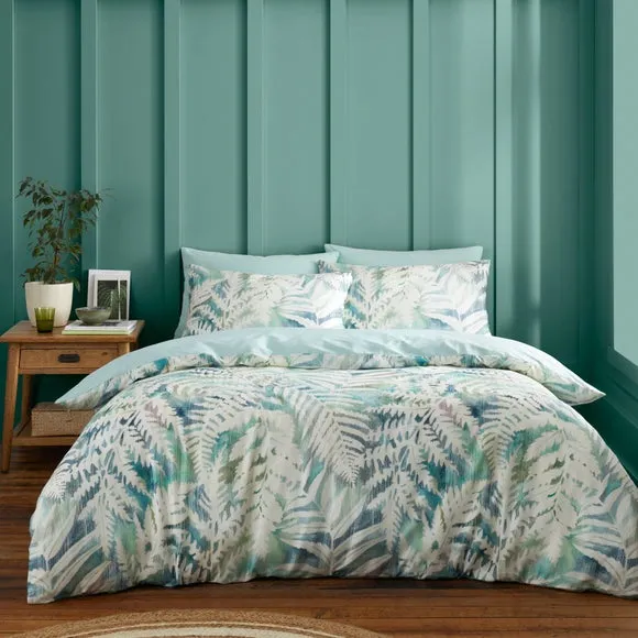 Duvet Cover Set with Fern Print - Green, Cotton