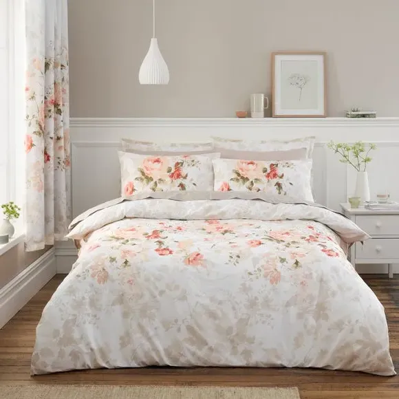 Duvet Cover Set with Floral Design - Coral, Cotton