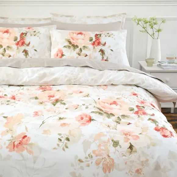 Duvet Cover Set with Floral Design - Coral, Cotton