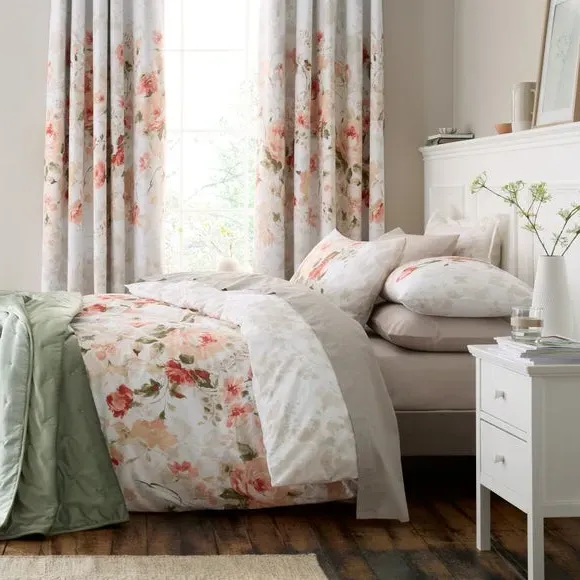 Duvet Cover Set with Floral Design - Coral, Cotton