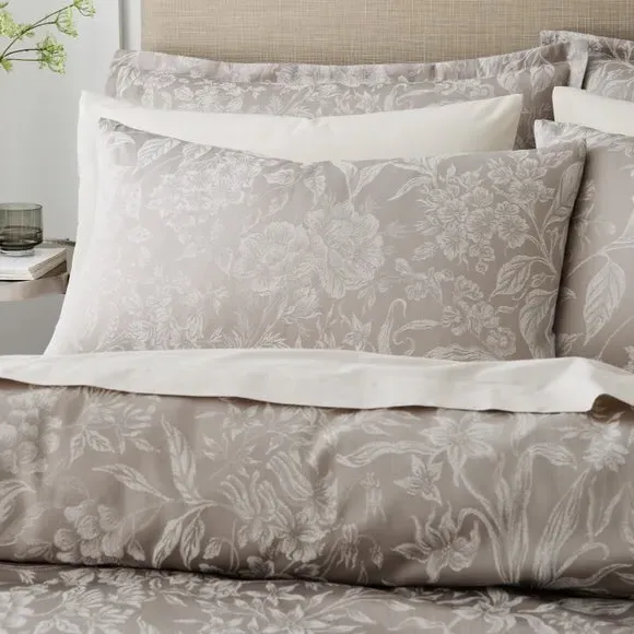 Duvet Cover Set with Floral Design - Grey, Jacquard