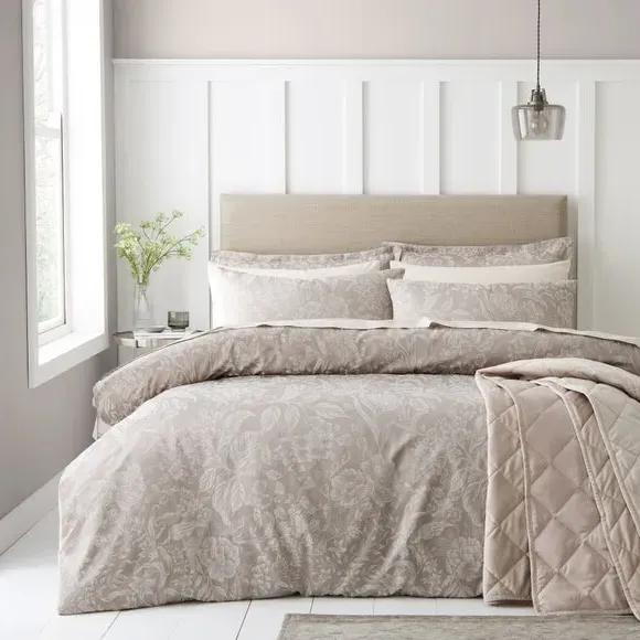 Duvet Cover Set with Floral Design - Grey, Jacquard
