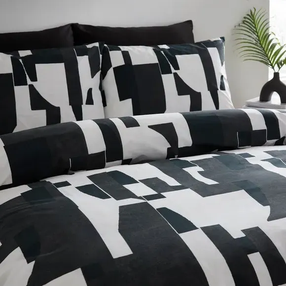 Duvet Cover Set with Geometric Design - Black, Cotton