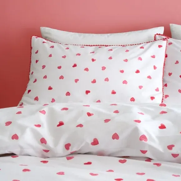 Duvet Cover Set with Hearts Design - Red, Cotton
