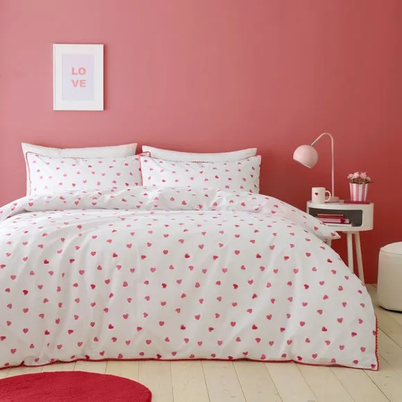 Duvet Cover Set with Hearts Design - Red, Cotton