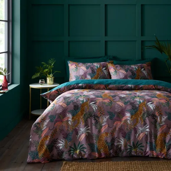 Duvet Cover Set with Jungle Print - Mauve, Cotton