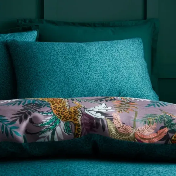 Duvet Cover Set with Jungle Print - Mauve, Cotton