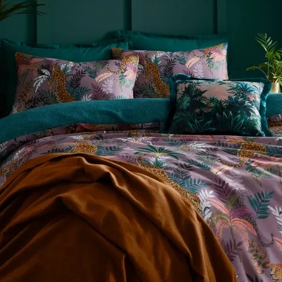 Duvet Cover Set with Jungle Print - Mauve, Cotton