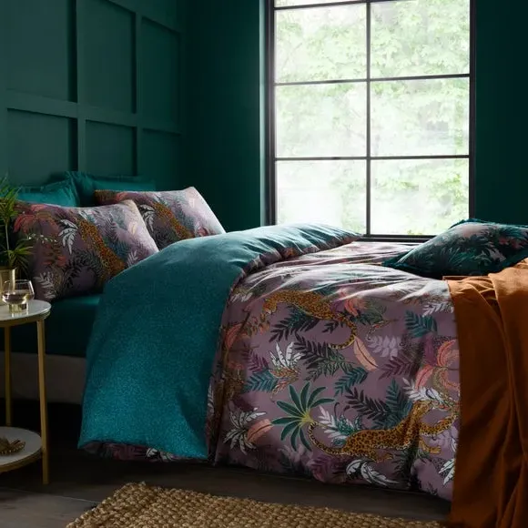Duvet Cover Set with Jungle Print - Mauve, Cotton