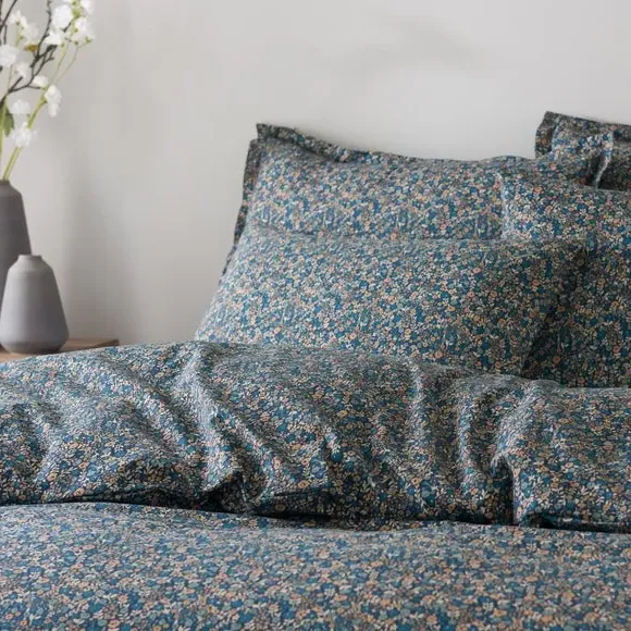 Duvet Cover Set with Leaf Design - Navy, Cotton