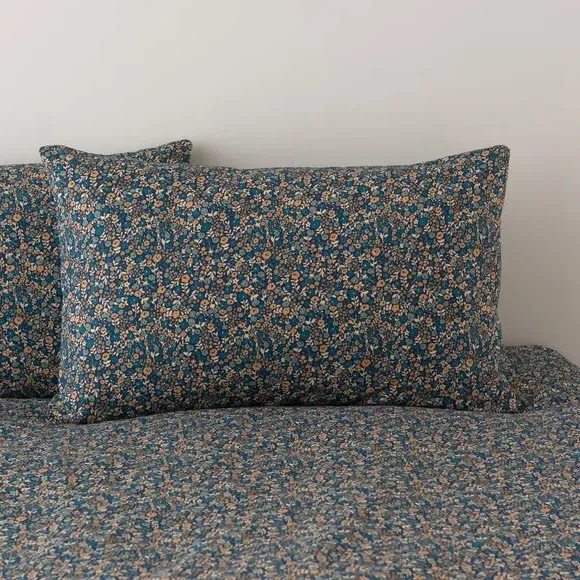 Duvet Cover Set with Leaf Design - Navy, Cotton