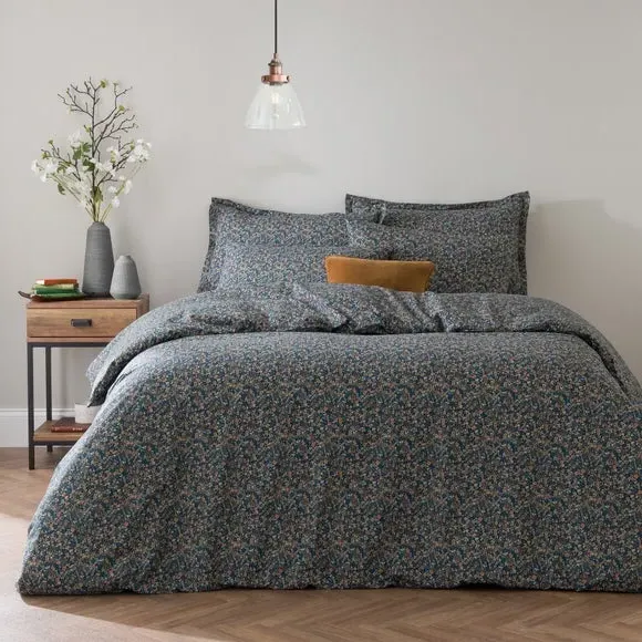 Duvet Cover Set with Leaf Design - Navy, Cotton