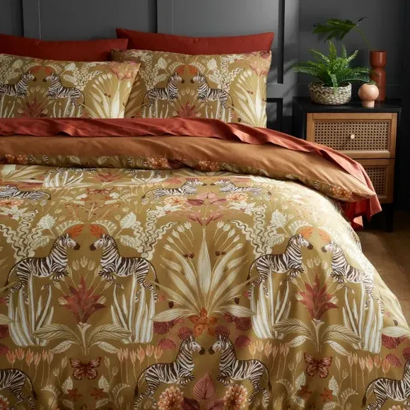 Duvet Cover Set with Tropical Print - Natural