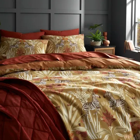 Duvet Cover Set with Tropical Print - Natural
