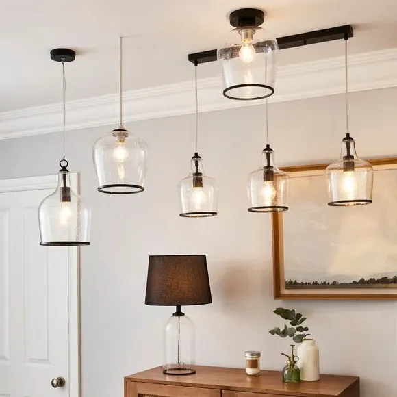 Easy Fit Pendant Light - Black, Bubbled Glass