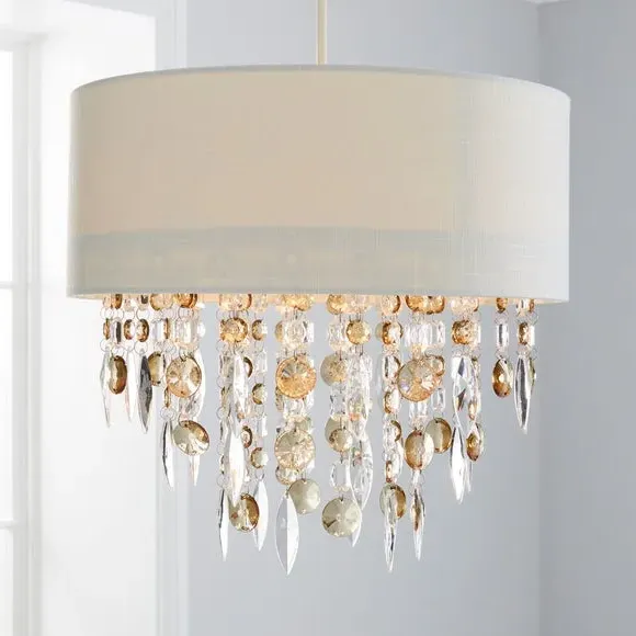 Easy Fit Pendant Shade with Crystals - White, Fabric image