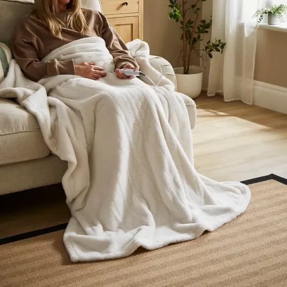 Electric Throw Blanket - White, Faux Fur