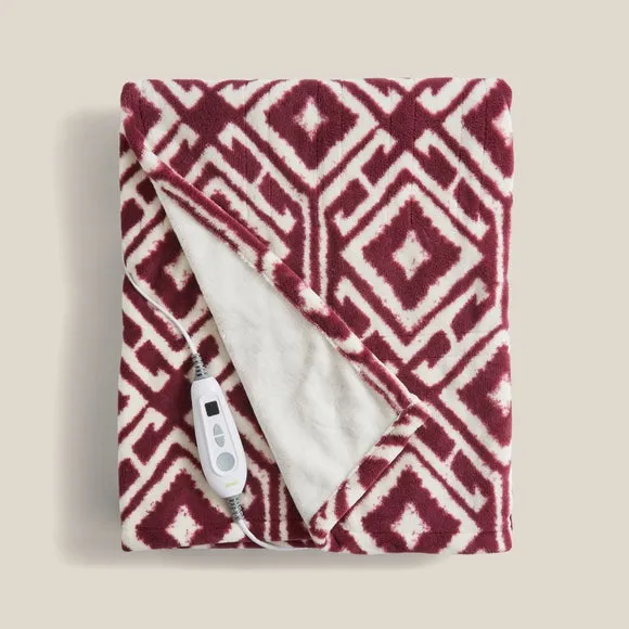 Electric Throw Blanket with Ikat Print - Red