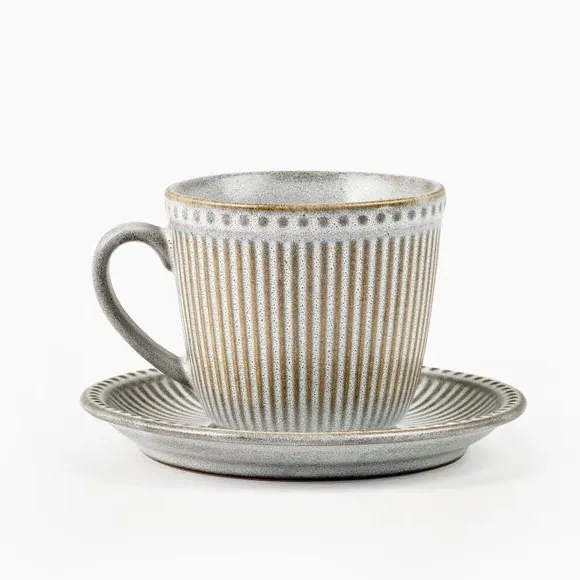 Embossed Cup & Saucer Set - Grey, Stoneware