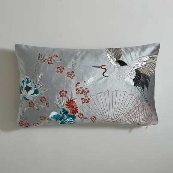 Embroidered Cushion Cover - Silver, Velour
