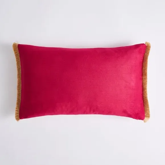 Embroidered Cushion with Fringe - Fuchsia, Velvet