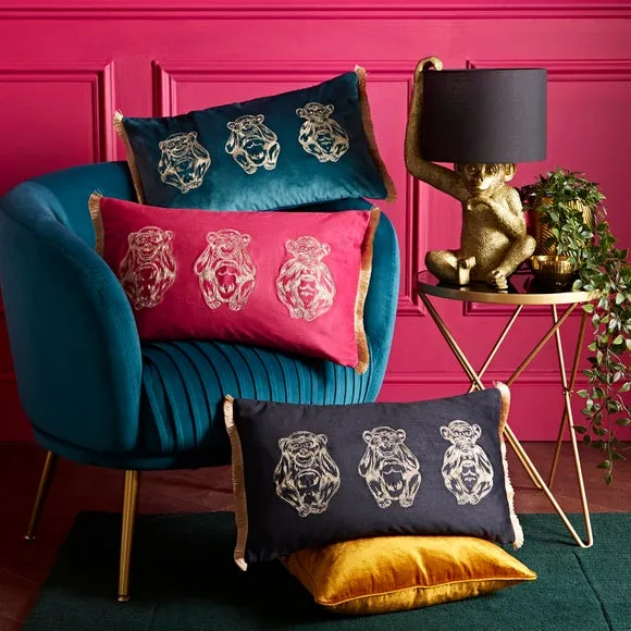 Embroidered Cushion with Fringe - Fuchsia, Velvet
