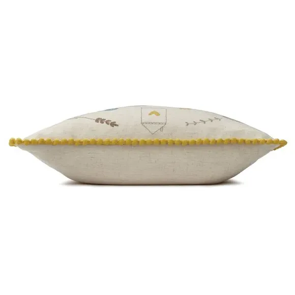 Embroidered Cushion with Pom Poms - Ochre