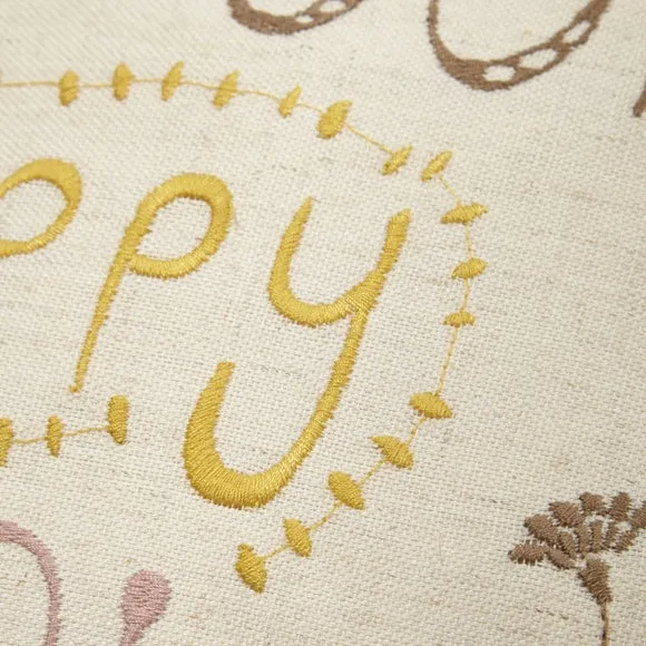 Embroidered Cushion with Pom Poms - Ochre