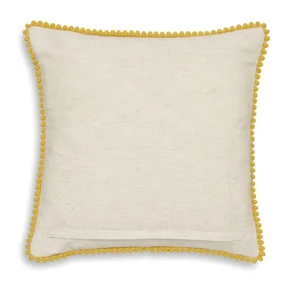 Embroidered Cushion with Pom Poms - Ochre