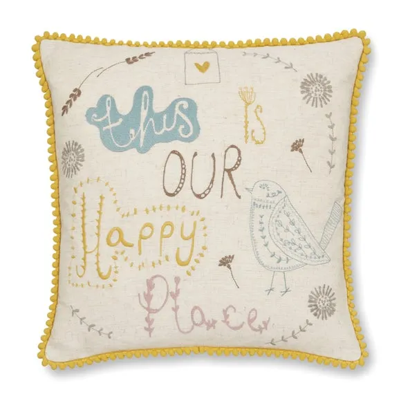 Embroidered Cushion with Pom Poms - Ochre