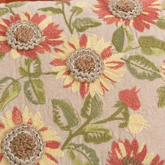 Embroidered Cushion with Sunflower Design - Orange