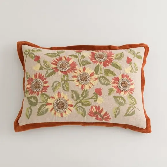 Embroidered Cushion with Sunflower Design - Orange