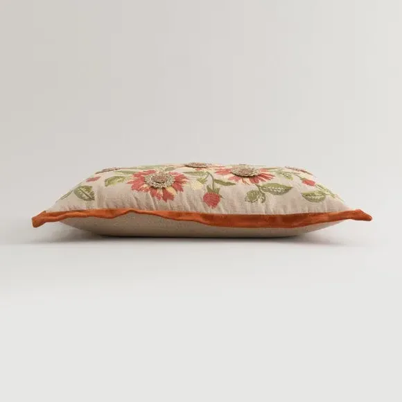 Embroidered Cushion with Sunflower Design - Orange
