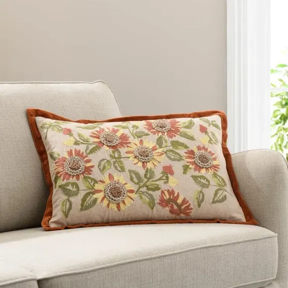 Embroidered Cushion with Sunflower Design - Orange image