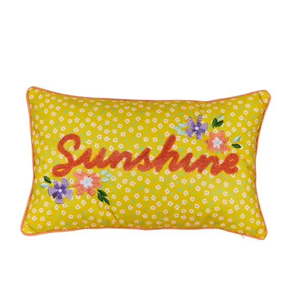 Embroidered Cushion with Sunshine Motif - Yellow