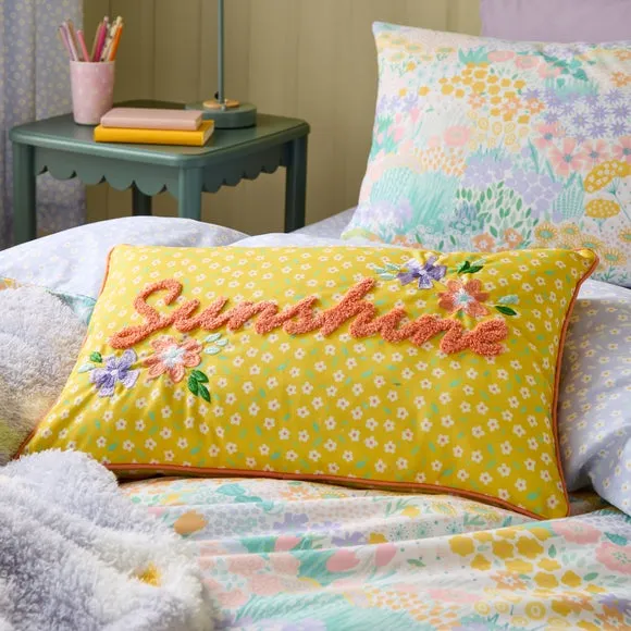 Embroidered Cushion with Sunshine Motif - Yellow