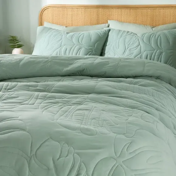 Embroidered Duvet Cover Set - Sage, Microfibre