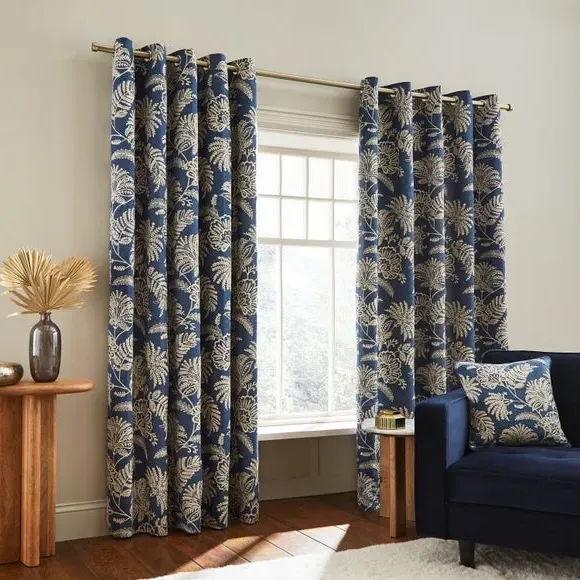 Embroidered Eyelet Curtains - Navy, Polyester