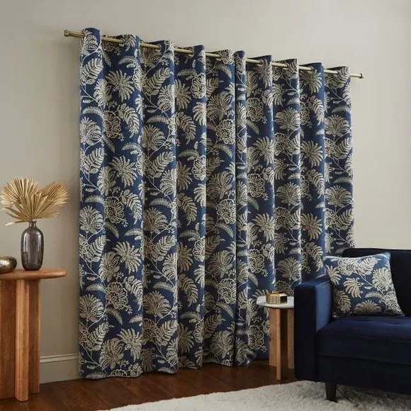 Embroidered Eyelet Curtains - Navy, Polyester