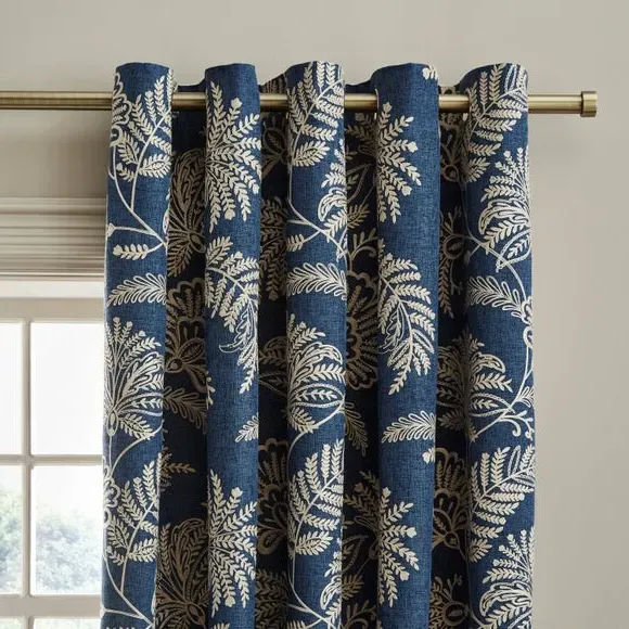 Embroidered Eyelet Curtains - Navy, Polyester image