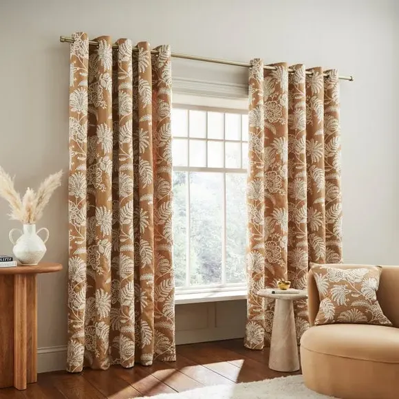 Embroidered Eyelet Curtains - Ochre, Polyester