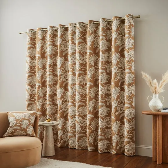 Embroidered Eyelet Curtains - Ochre, Polyester