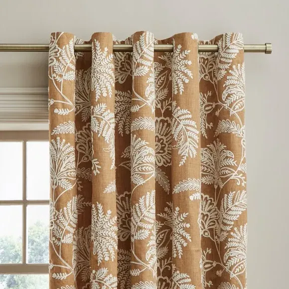 Embroidered Eyelet Curtains - Ochre, Polyester