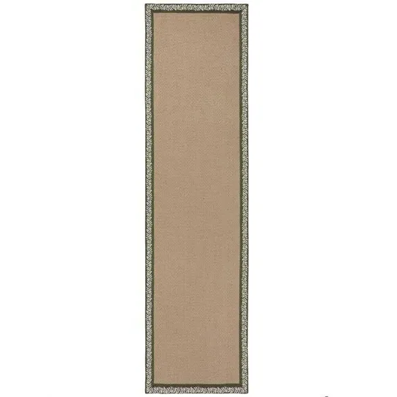 Embroidered Herringbone Border Runner - Olive, Jute