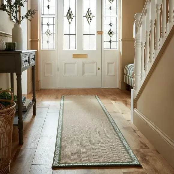 Embroidered Herringbone Border Runner - Olive, Jute image