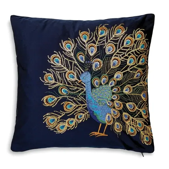 Embroidered Peacock Cushion - Navy, Velour