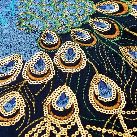 Embroidered Peacock Cushion - Navy, Velour