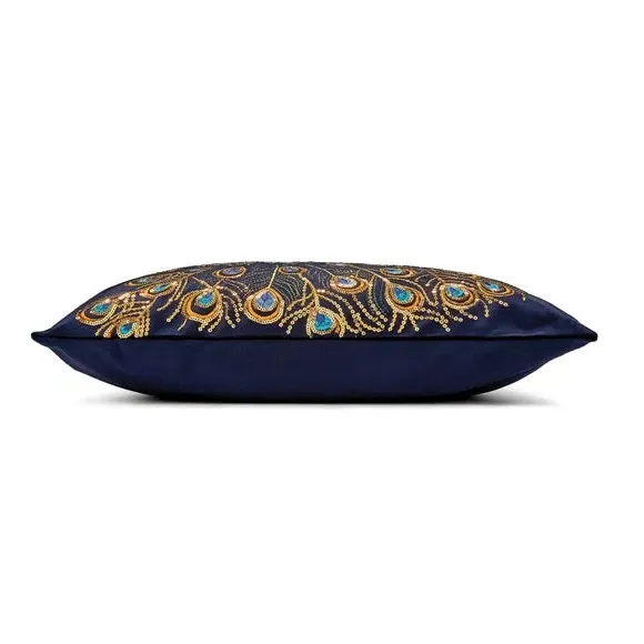 Embroidered Peacock Cushion - Navy, Velour