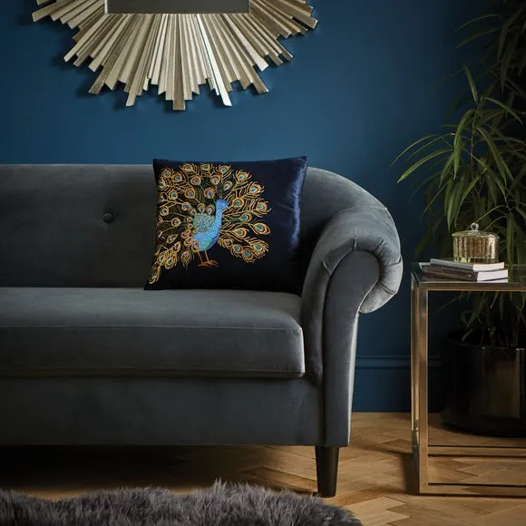 Embroidered Peacock Cushion - Navy, Velour image